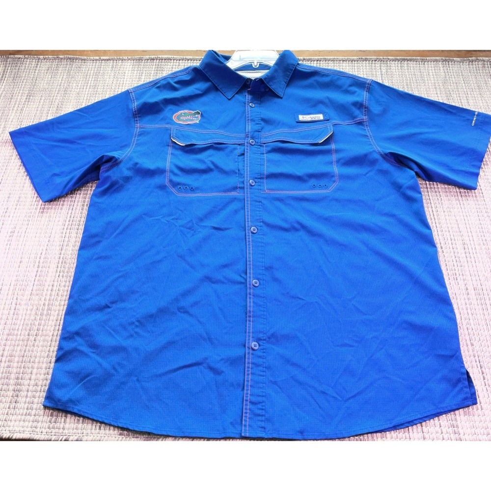 Columbia PFG Florida Gators Mens XL Blue Short Sleeve Fishing Shirt Omni-Shade